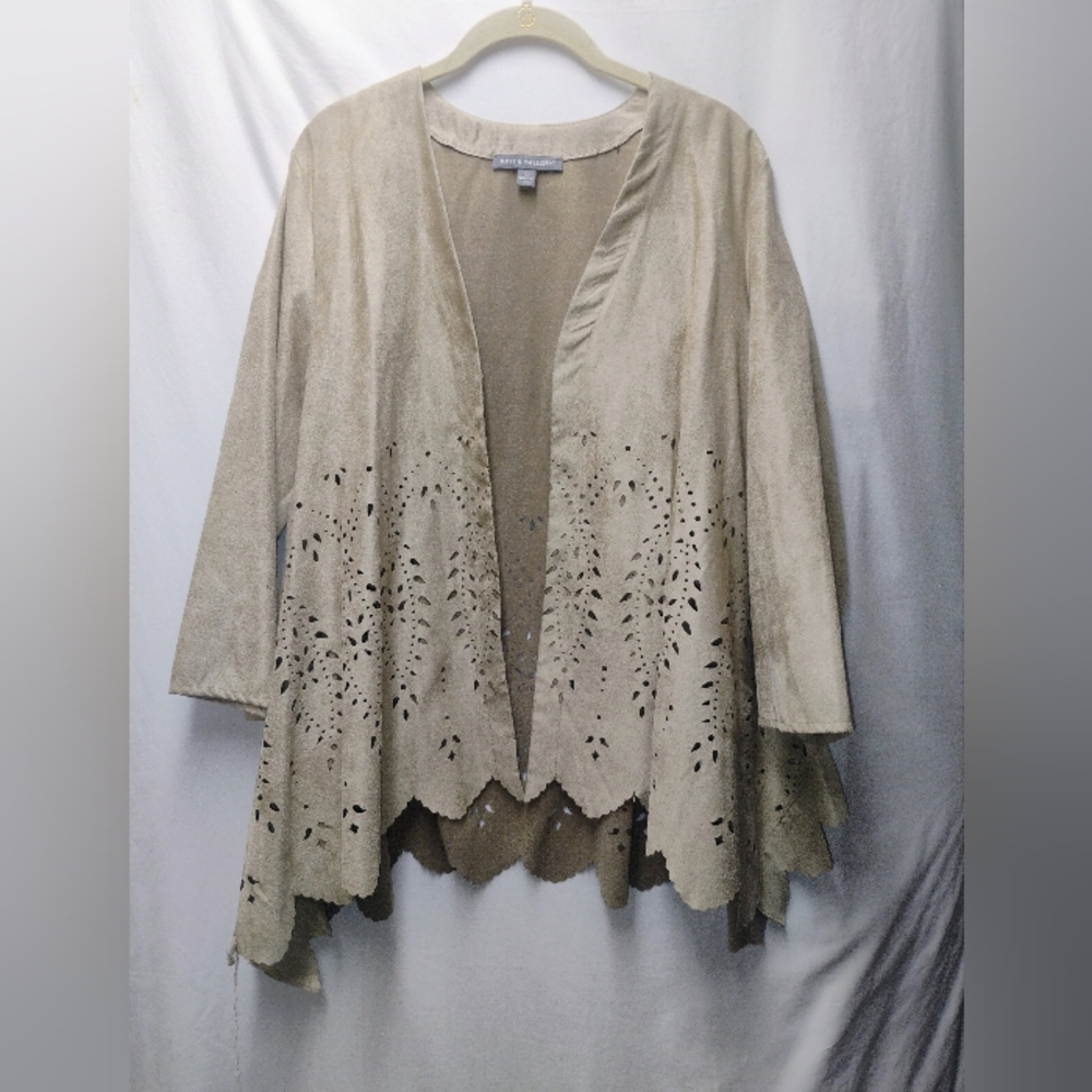 Kate & Mallory Taupe Suede Laser-Cut Open Front Jacket